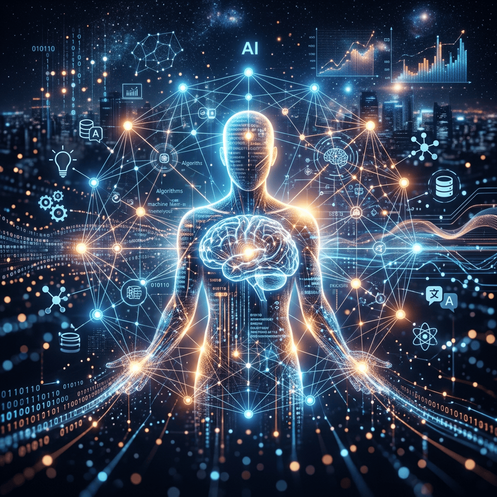Digital human figure with illuminated brain and AI data connections